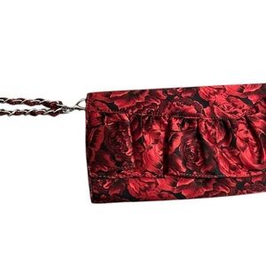 White House Black Market Red and Black Rose Clutch with Chain Strap